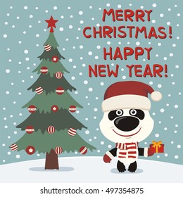 Merry Christmas and Happy New year! Funny panda bear in red hat with gift in cartoon style. Greeting card.