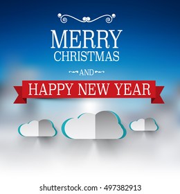 Merry Christmas and Happy New Year Text. Vector Winter Xmas Card with Heaven and Clouds on Blue Sky