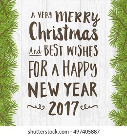 Merry Christmas and happy new year greeting card. Hand written brushed text on Wood plank silver background with twig. vector illustration. 