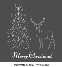  Merry Christmas and Happy New Year greeting card, with Christmas tree and  reindeer hand drawn line vector illustration.