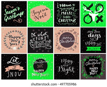 Merry Christmas and Happy New Year logos. Warm Wishes. Merry Christmas Happy New Year  badges. Seasons Greetings. Christmas quotes. Merry Christmas Happy New Year phrases. Happy Holidays. Xoxo. Vector