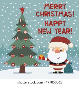 Merry Christmas and Happy New year! Funny Santa Claus with gift in cartoon style. Greeting card.