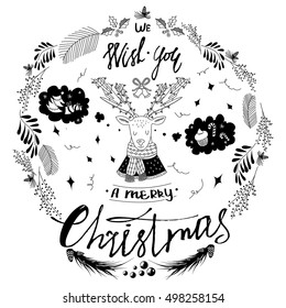 Merry Christmas and Happy New Year. Hand drawn design elements. Handwritten lettering. Christmas greeting wreaths with animals and calligraphy.