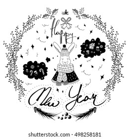 Merry Christmas and Happy New Year. Hand drawn design elements. Handwritten lettering. Christmas greeting wreaths with animals and calligraphy.