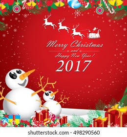 Merry Christmas and Happy New Year. Santa Claus and white reindeer, two snowman in winter on red background.