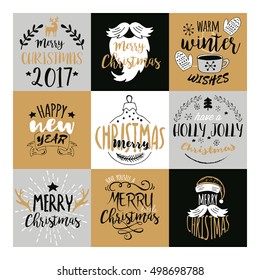 Merry christmas and Happy New Year typography design with hand drawing elements. Isolated vector illustration