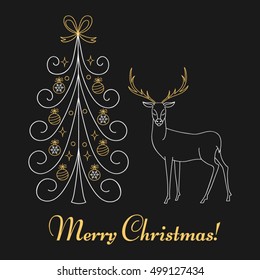 Merry Christmas and Happy New Year greeting  card with Christmas tree and reindeer, hand drawn line vector illustration.