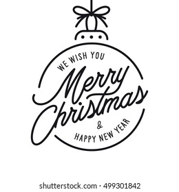 Merry Christmas and Happy New Year lettering template. Monochrome greeting card or invitation. Winter holidays related typographic quote. Vector vintage illustration.
