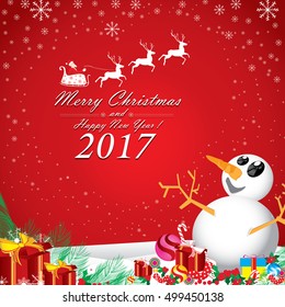 Merry Christmas and Happy New Year in winter. Santa Claus and reindeer, snowman on red background.