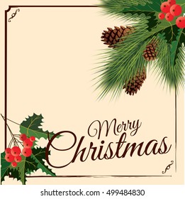 Merry Christmas and Happy New Year 2017, Christmas-tree branch, greeting card, vector illustration