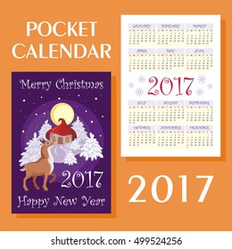 Merry Christmas and happy New Year greeting card with the image of a fairy-tale winter  forest, small house and fawn. Pocket calendar 2017.