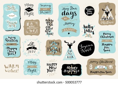 Merry Christmas and Happy New Year logos. Warm Wishes. Merry Christmas, Happy New Year  badges, Merry Christmas, Happy New Year quotes. Merry Christmas, Happy New Year phrases. Happy Holidays. Vector