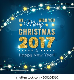 Merry Christmas and Happy New Year 2017 greeting card with shining lights and garland on blue background vector illustration. Modern typography for your design with glittering 2017 sign and garlands