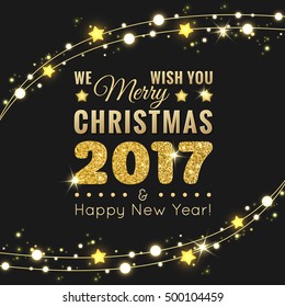 Merry Christmas and Happy New Year 2017 greeting card with shining lights and garlands on black background vector illustration. Modern typography design for banner, poster, card, flyer