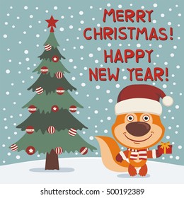 Merry Christmas and Happy New year! Funny squirrel in red hat with gift in cartoon style. Greeting card.