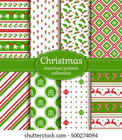 Merry Christmas and Happy New Year! Set of cute seamless backgrounds with holiday symbols: candy cane, christmas tree, deer, holly, christmas ball, bells and abstract patterns. Vector collection.