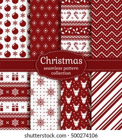 Merry Christmas and Happy New Year! Set of red and white seamless backgrounds with holiday symbols: candy cane, deer, holly, snowflakes, christmas ball, gift and abstract patterns. Vector collection.