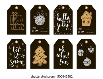 Merry Christmas and Happy New Year vintage gift tags and cards with calligraphy. Handwritten lettering. Hand drawn design elements. Printable items