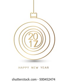 Merry christmas happy new year gold 2017 spiral shape. Ideal for xmas card or elegant holiday party invitation. EPS10 vector.