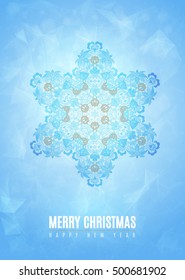 Merry Christmas happy new year fancy gold and white winter snowflake shape in tribal style. Ideal for Xmas card or elegant holiday party invitation. EPS10 vector