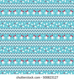 Merry Christmas and Happy New Year! Cute seamless background with bells and holly. Knitted patterns in blue, white and red colors. Vector illustration.