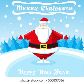 Merry Christmas and Happy New Year landscape. Cute Santa Claus outdoor and christmas trees on blue background. Concept design poster, banner, flyer or greeting card. Vector illustration cartoon style