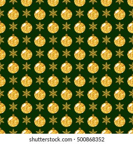 Merry Christmas and Happy New Year! Seamless pattern with snowflakes and glittering tree balls. Vector background in green and golden colors.