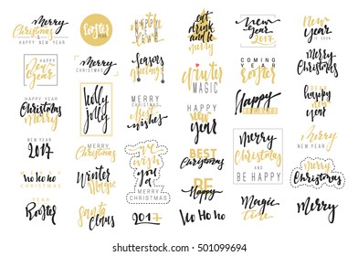 Merry Christmas, Happy New Year 2017 inscription. Merry Christmas elegant calligraphy in gold color, greeting cards, congratulatory text luxury design element.  Be happy. Magic time. New 2017