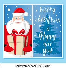 Merry Christmas and Happy New Year. Santa Claus, gift box and christmas tree silhouette. Vintage lettering. Concept design greeting card, banner, flyer or poster. Cartoon style. Vector illustration