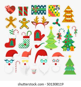 Merry Christmas and Happy New Year Photo Booth Party Elements with Glasses, Props, Antlers. Vector illustration