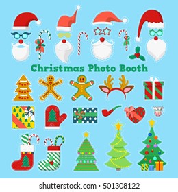 Merry Christmas and Happy New Year Photo Booth Party Elements with Glasses, Props, Antlers. Vector illustration