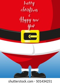 Merry Christmas and Happy New Year banner. Body funny Santa Claus on blue background. Concept design poster, flyer or greeting card. Vector illustration in cartoon style