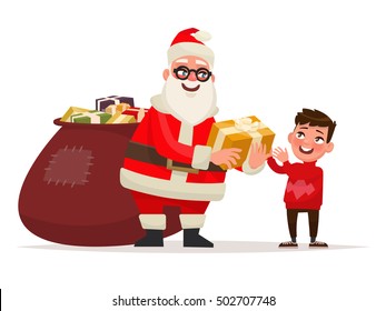  Feliz Navidad y Feliz Año Nuevo. Papá Noel le da un regalo al niño. Ilustración del vector