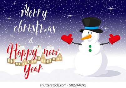 Merry Christmas and Happy New Year background. Snowman, village houses silhouettes. Vintage lettering. Concept design greeting card, banner, flyer or poster. Cartoon style. Vector illustration