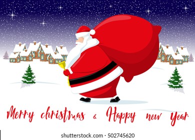 Merry Christmas and Happy New Year background. Santa Claus, village houses silhouettes. Vintage lettering. Concept design greeting card, banner, flyer or poster. Cartoon style. Vector illustration