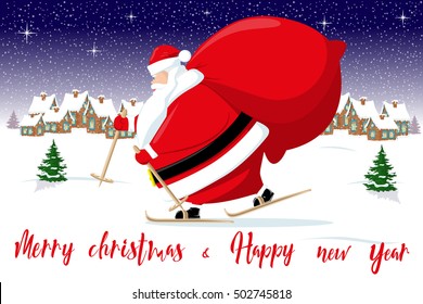 Merry Christmas and Happy New Year background. Santa Claus goes skiing, village silhouette. Vintage lettering. Concept design greeting card, banner, flyer or poster. Cartoon style. Vector illustration