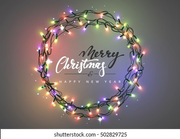 Merry Christmas And Happy New Year Lettering Label. Glowing Christmas Lights Wreath For Xmas Holiday Greeting Cards Design. Glowing Lights Garlands Xmas Holiday Greeting Card Design