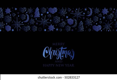 Merry Christmas and Happy New Year luxury gold seamless pattern on black background with stars, balls, noel, heart and holiday elements in trendy geometric style. Greeting card, invitation, flyer.