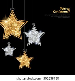 Merry Christmas and Happy New Year Banner. Glitter Background with Silver and Gold Hanging Stars. Vector illustration. Sequins Pattern. Glowing Invitation Template.