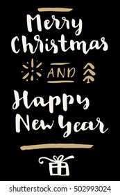 Merry Christmas and Happy New Year! Vintage hand drawn greeting card. Gift tag, postcard, photo overlay. Modern calligraphic artwork. Vector illustration
