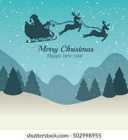 merry christmas and happy new year silhouette santa sleigh landscape design graphic