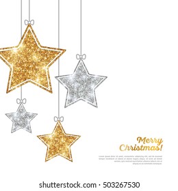 Merry Christmas and Happy New Year Banner. Glitter Background with Silver and Gold Hanging Stars. Vector illustration. Sequins Pattern. Glowing Invitation Template.