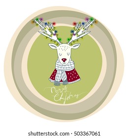 Merry Christmas and Happy New Year. Hand drawn design elements. Handwritten lettering. Christmas greeting wreaths with a deer and calligraphy.