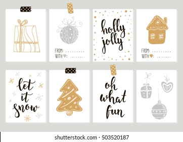 Merry Christmas and Happy New Year vintage gift tags and cards with calligraphy. Handwritten lettering. Hand drawn design elements. Printable items