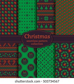 Merry Christmas and Happy New Year.  Seamless backgrounds set with bells, snowflakes, christmas tree, holly, candy cane, gifts, knitting, Norwegian ornament and abstract patterns. Vector collection.