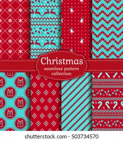 Merry Christmas and Happy New Year.  Set of cute seamless backgrounds with traditional holiday symbols: bells, snowflakes, reindeer, holly, candy cane, gifts and abstract patterns. Vector collection.