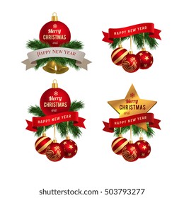 "Merry Christmas and Happy New Year 2017" greeting card logo, vector graphic illustration set, isolated on white.