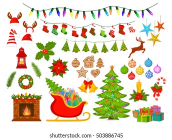 Merry Christmas Happy New Year Seasonal Winter Xmas decoration items objects elements design set collection including  tree, santa sleigh with presents, fireplace with wreaths and candles, garlands