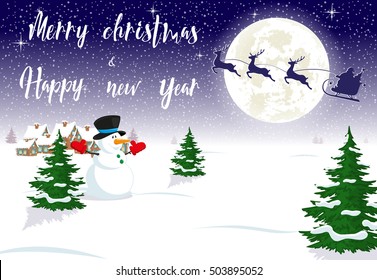Merry Christmas and Happy New Year banner. Snowman on background town, silhouettes fly deers and Santa Claus in sleigh. Concept design greeting card, flyer, poster. Cartoon style. Vector illustration