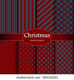 Merry Christmas and Happy New Year! Red and blue seamless backgrounds, patterns, wallpapers with traditional holiday symbol. Vector illustration. Set.